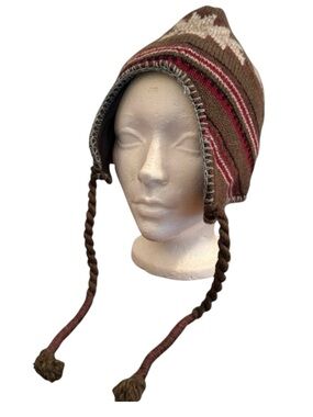 Aztec Fair Isle Chullo Ear Flap Knit Winter Toque Hat Wool Blend Men and Women